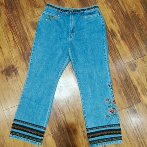 Bill Blass Embroidered Floral Jeans Women's 14 Light Wash Bootcut Boho Western